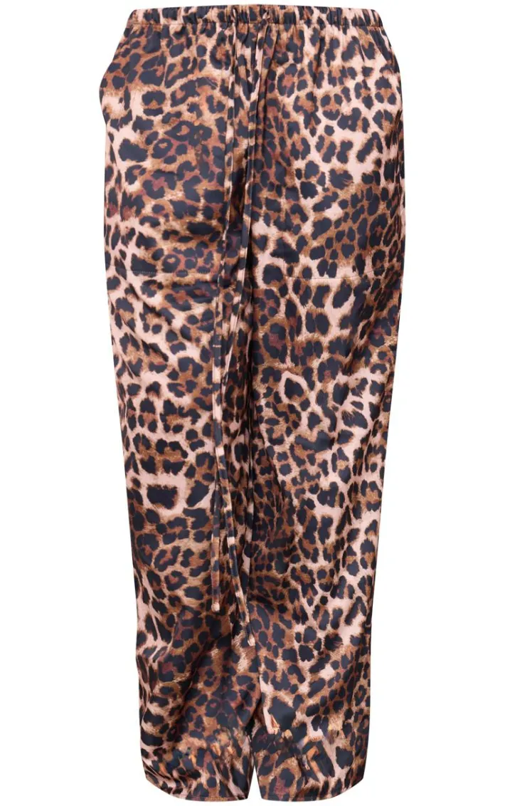 Leopard Premium Satin Low Rise Wide Leg Drawstring Pants