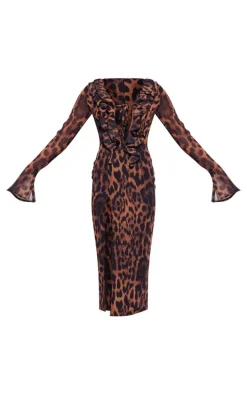 Leopard Print Chiffon Long Sleeve Frill Detail Midi Dress