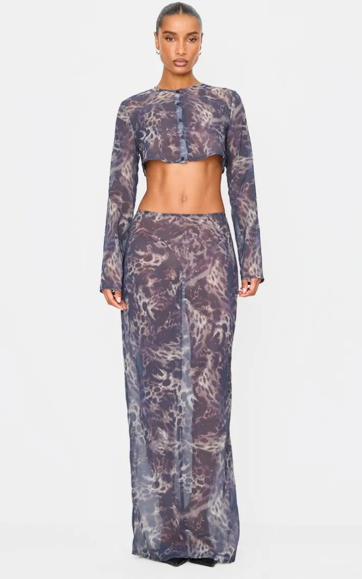 Leopard Print Chiffon Mid Rise Maxi Skirt