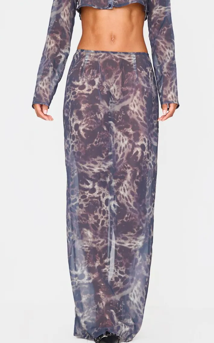 Leopard Print Chiffon Mid Rise Maxi Skirt