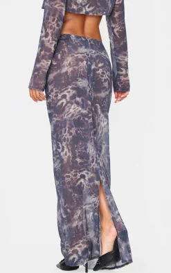 Leopard Print Chiffon Mid Rise Maxi Skirt