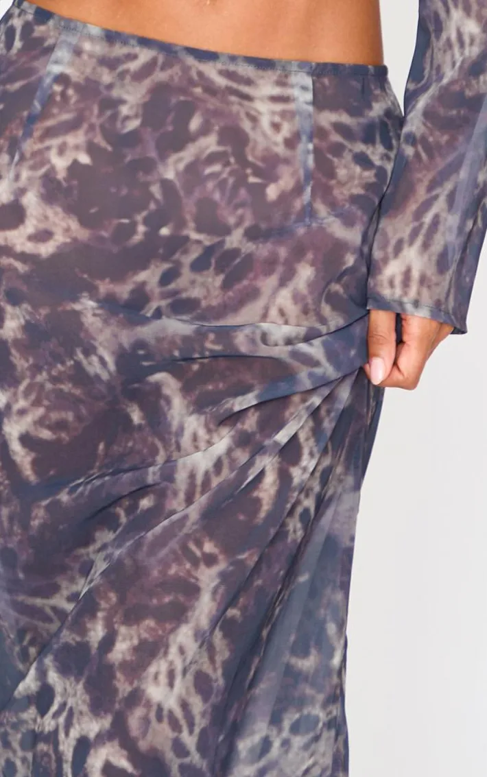 Leopard Print Chiffon Mid Rise Maxi Skirt