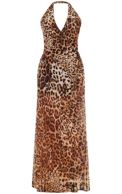 Leopard Print Chiffon Wrap Maxi Dress
