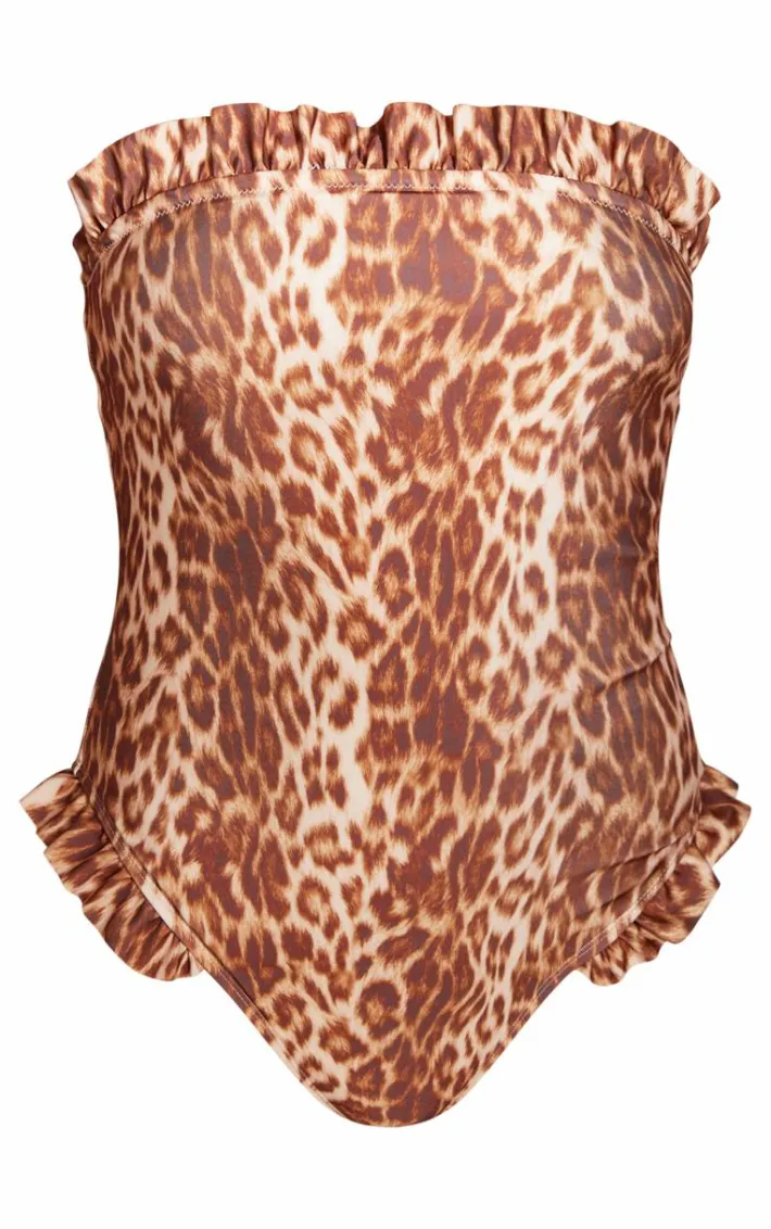 Leopard Print Frill Detail Bandeau Swimsuit