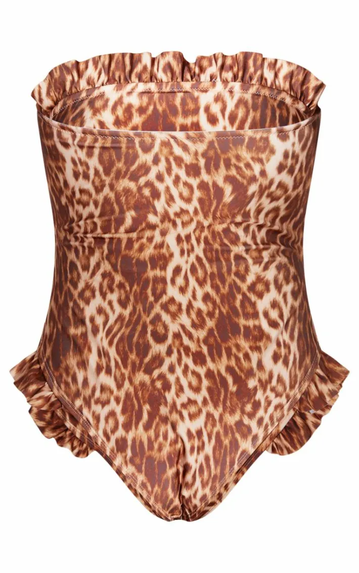 Leopard Print Frill Detail Bandeau Swimsuit