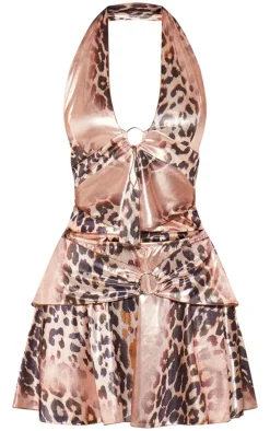 Leopard Print Halterneck Ring Tiered Mini Dress
