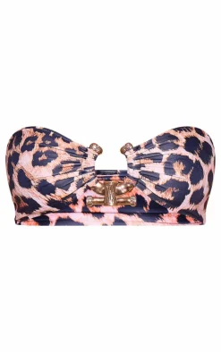 Leopard Print Hammered Trim Bandeau Bikini Top