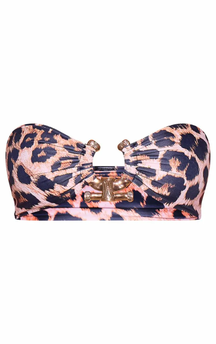 Leopard Print Hammered Trim Bandeau Bikini Top