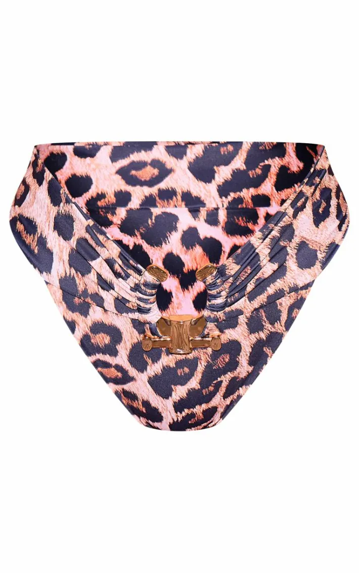 Leopard Print Hammered Trim High Waist Bikini Bottoms
