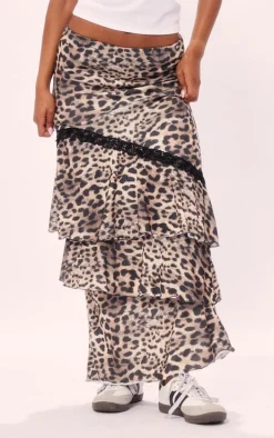 Leopard Print Layered Low Rise Maxi Skirt