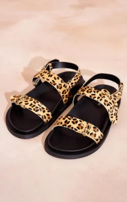 Leopard Print Leather Round Toe Footbed Sandals