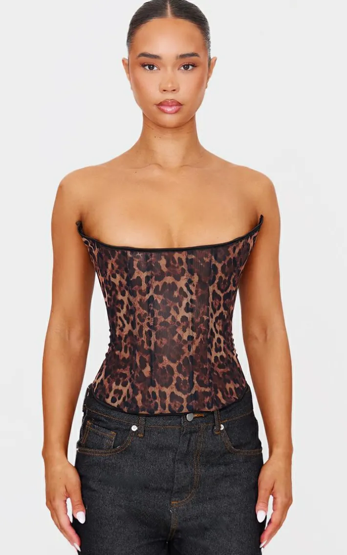 Leopard Print Mesh Lace Up Detail Bandeau Corset