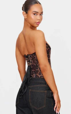 Leopard Print Mesh Lace Up Detail Bandeau Corset