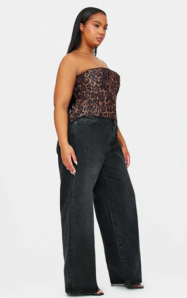 Leopard Print Mesh Lace Up Detail Bandeau Corset