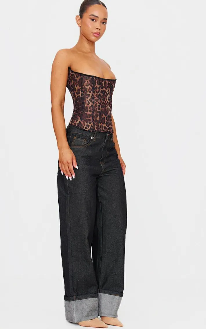 Leopard Print Mesh Lace Up Detail Bandeau Corset