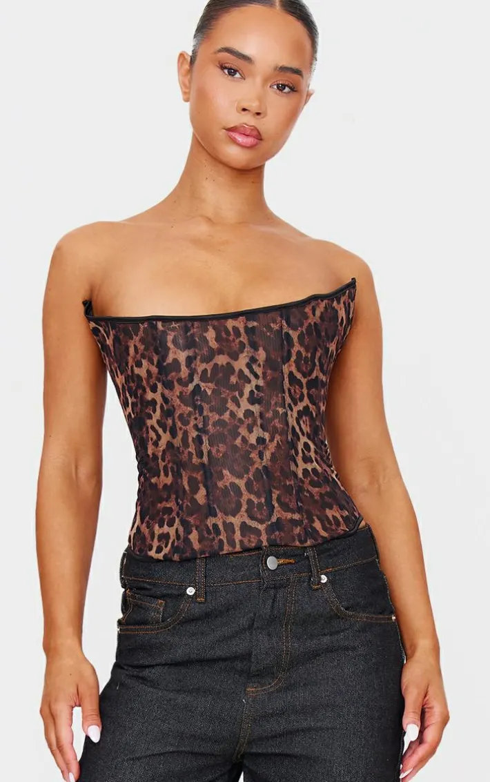 Leopard Print Mesh Lace Up Detail Bandeau Corset
