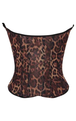 Leopard Print Mesh Lace Up Detail Bandeau Corset