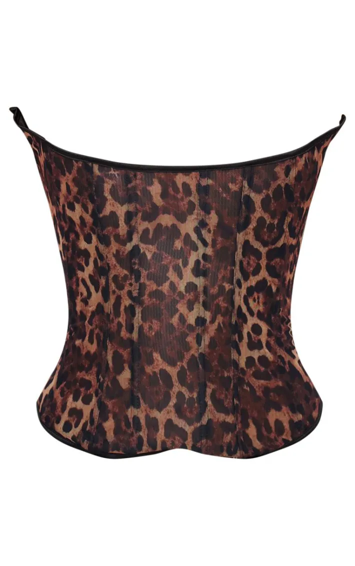 Leopard Print Mesh Lace Up Detail Bandeau Corset