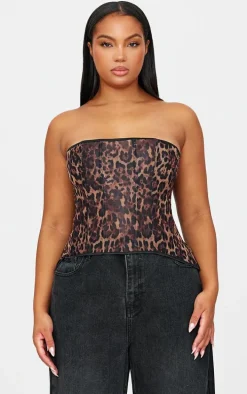 Leopard Print Mesh Lace Up Detail Bandeau Corset