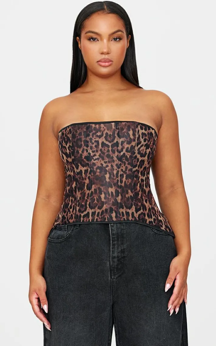 Leopard Print Mesh Lace Up Detail Bandeau Corset