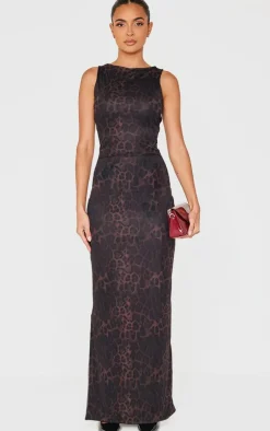 Leopard Print Mesh Printed Racer Neck Maxi Dress