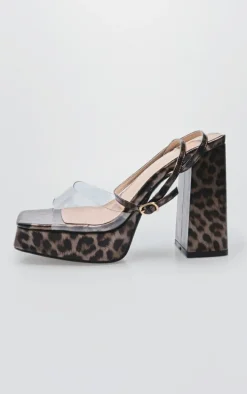Leopard Print PU Perspex Strap Platform Heeled Sandals