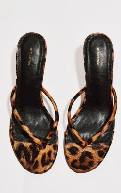 Leopard Print PU Round Toe Thong Mid Heeled Mules