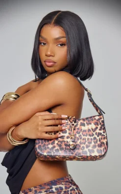 Leopard Print Satin Clasp Detail Shoulder Bag