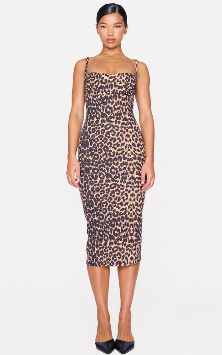 Leopard Print Strappy Cup Detail Midi Dress