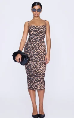 Leopard Print Strappy Cup Detail Midi Dress