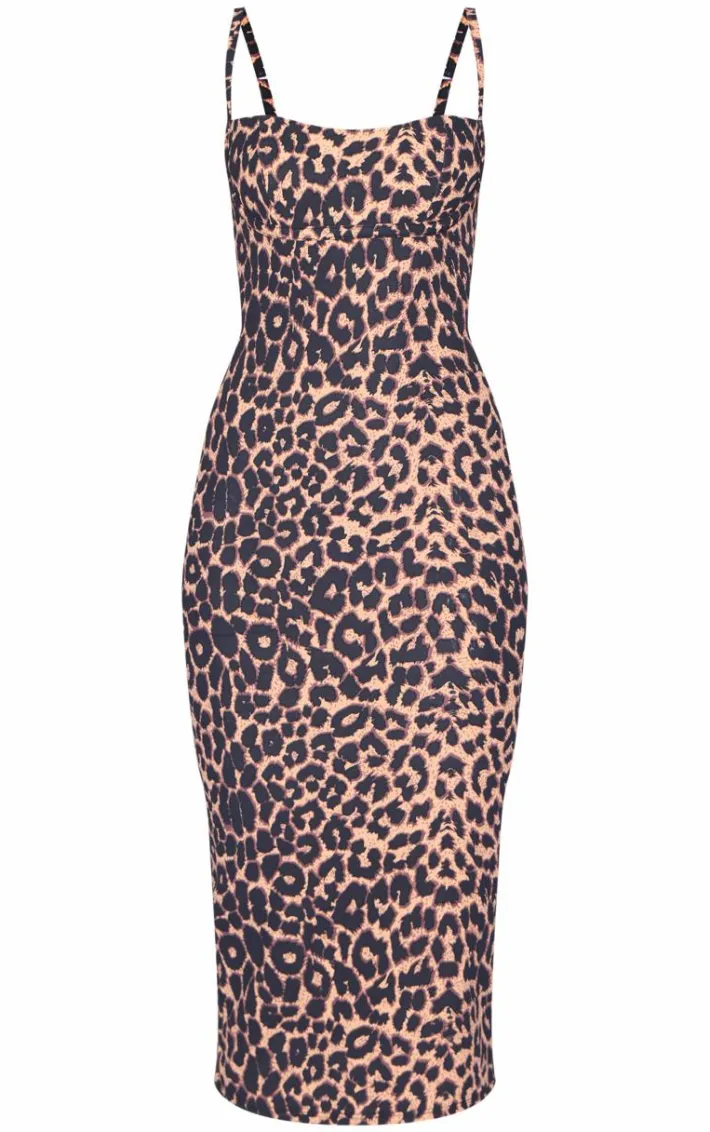 Leopard Print Strappy Cup Detail Midi Dress