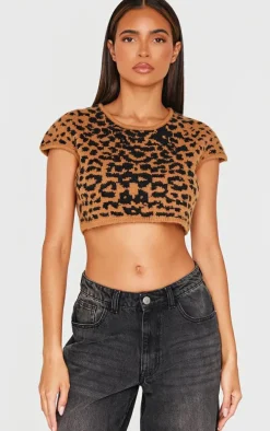 Leopard Print Textured Knit Basic Crop Top
