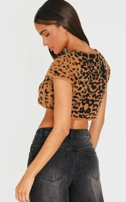 Leopard Print Textured Knit Basic Crop Top
