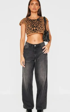 Leopard Print Textured Knit Basic Crop Top