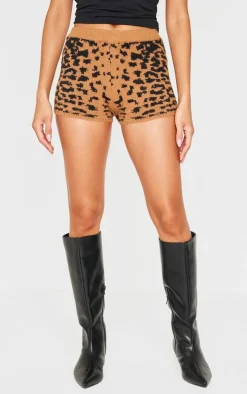 Leopard Print Textured Knit Hot Pants