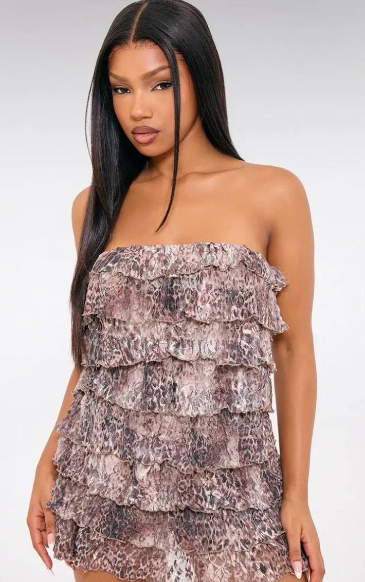 Leopard Print Textured Lace Frilly Bandeau Romper