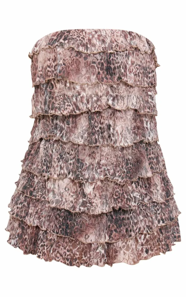 Leopard Print Textured Lace Frilly Bandeau Romper