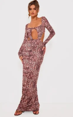 Leopard Printed Double Layer Slinky Long Sleeve Midaxi Dress