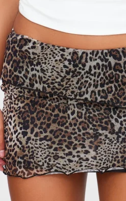 Leopard Printed Lined Mesh Lettuce Hem Mini Skirt