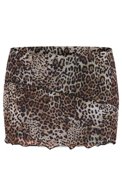 Leopard Printed Lined Mesh Lettuce Hem Mini Skirt