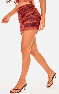 Leopard Printed Mesh Ruched Mini Skirt