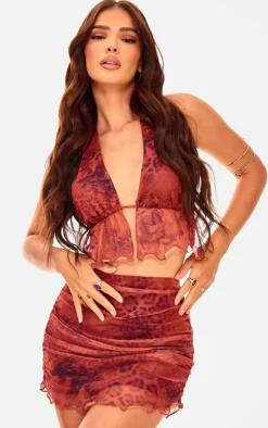 Leopard Printed Mesh Ruched Mini Skirt