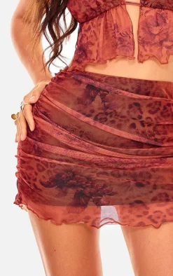 Leopard Printed Mesh Ruched Mini Skirt