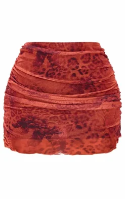 Leopard Printed Mesh Ruched Mini Skirt