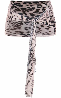 Leopard Printed Mesh Tie Front Knot Detail Mini Skirt
