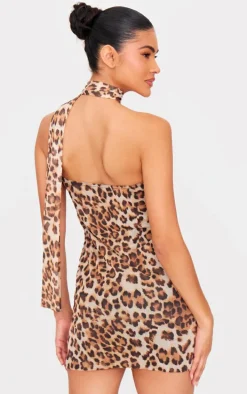 Leopard Printed Mesh Tie Neck Mini Dress