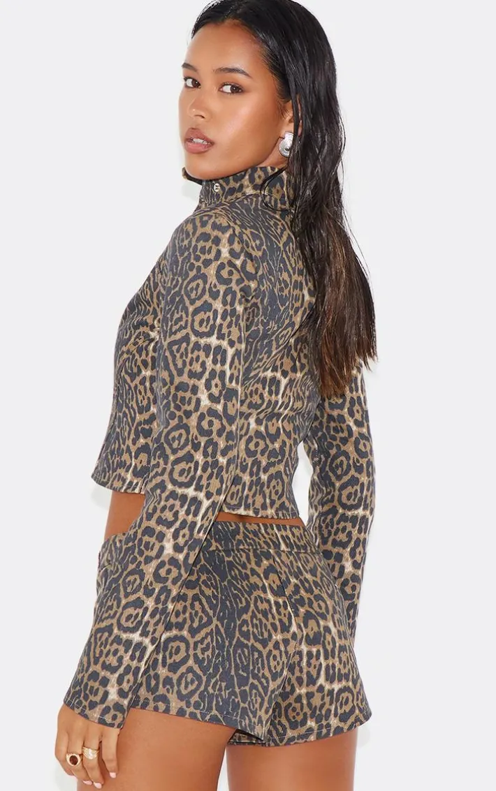 Leopard Printed Twill Biker Jacket