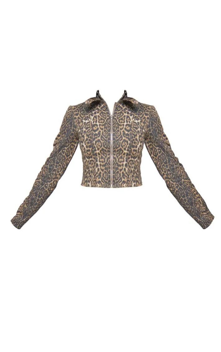 Leopard Printed Twill Biker Jacket