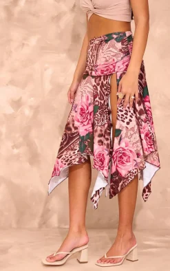 Leopard Rose Print Soft Touch Ruched Asymmetric Midi Skirt
