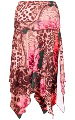 Leopard Rose Print Soft Touch Ruched Asymmetric Midi Skirt